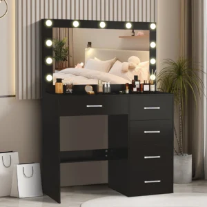 Black Vanity Table with Large Mirror and LED Lights for Makeup