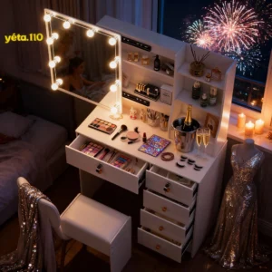 White Makeup Desk with LED Lights and Large Mirror