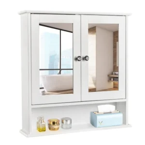 Wall-mounted bathroom medicine cabinet with two doors and mirrors