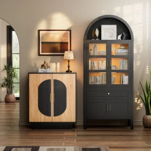 Modular Credenza Fluted Buffet Cabinet for Living Room, Dining Room, and Kitchen with Storage Compact Sideboard Console Table