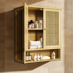 Bathroom Cabinet Wall Mounted Bamboo Storage Organizer Medicine Cabinet Unit Kitchen Shelf