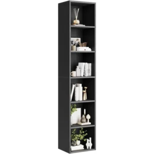 narrow bookshelf that is 71.5 inches high, a 6-story cube display rack, and a single black 6-story CD storage cabinet for the home office