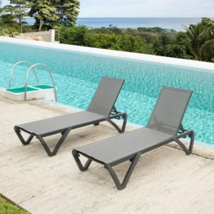 Aluminum patio chaise lounge chairs, two-piece set, five-position adjustable backrest and wheels, all-weather outdoor