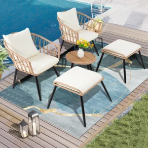 All-weather PE Rattan chairs with coffee table and ottoman, five-piece patio furniture set, outdoor wicker small conversation bistro set