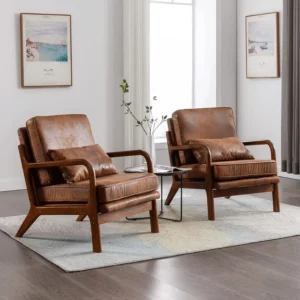 Modern Accent Chair Set of 2, Comfy Solid Wood, Brown Leather.