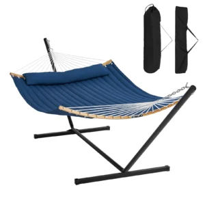 Hammock with a Detachable Pillow, a Curved Spreader Bar, a Stand, and a Portable Bag.