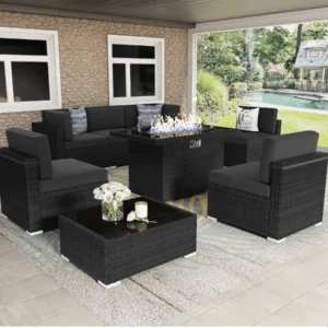 Outdoor Sectional Wicker Conversation Sofa Sets with Coffee Table, 44" Propane Gas Fire Pit Table, and 8 Piece Patio Furniture Set