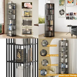 The Black 6-Tier Revolving Bookshelf, 360° Swivel Wood Storage Tower, Compact Floor Standing Shelf, and CD Organizer is perfect for both home and office use.